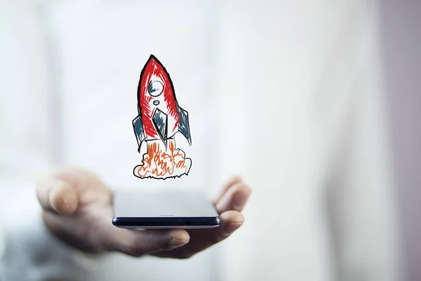 Businessman Holding Phone Red Rocket Icon — Stock Photo, Image