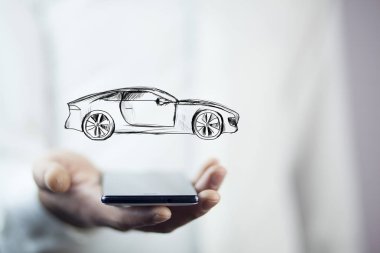 Telefon ve araba simgesi üzerinde işadamı yardım 