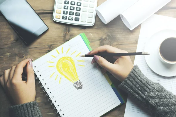 Woman Painting Bulb Education Objects Technology Concept — Stock Photo, Image