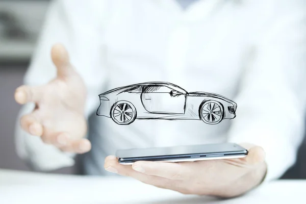 Businessman with  phone and car icon — Stock Photo, Image