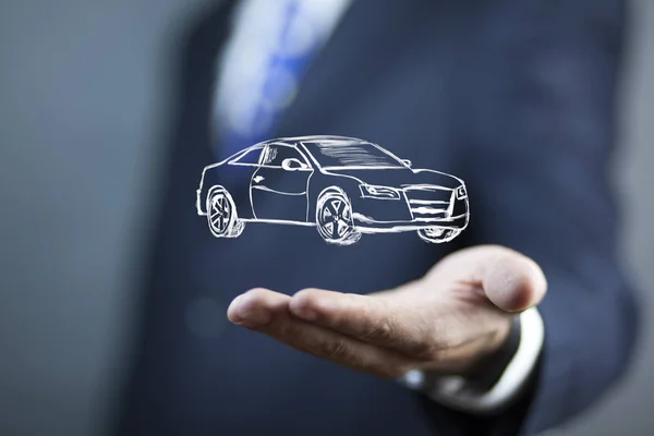 Liikemies koskettaa autoa ruudulla — kuvapankkivalokuva