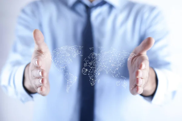 Hombre Tocando Mapa Del Mundo Con Interfaz Comunicación Futurista —  Fotos de Stock