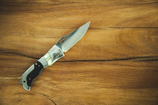 Pocket Knife Wooden Table Background — Stock Photo, Image