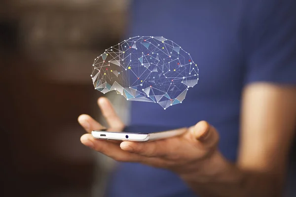 Hombre Negocios Mano Teléfono Con Cerebro Digital Pantalla — Foto de Stock