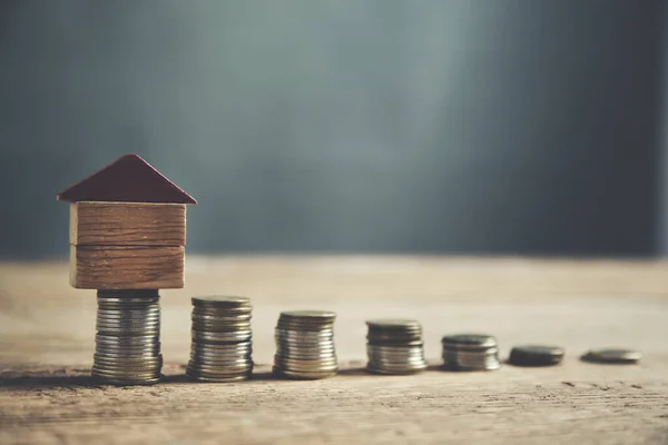 House Model Coins Wooden Table — Stock Photo, Image