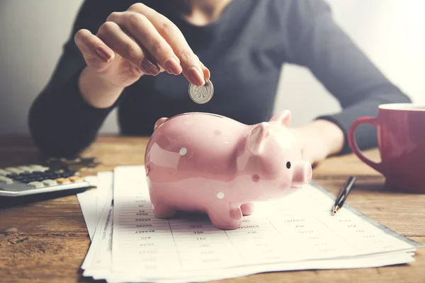 Woman Hand Piggy Bank Coins Table — Stock Photo, Image