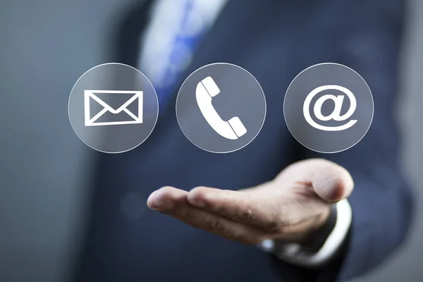 Businessman Hand Icons Phone Mail Mail Contact Information — Stock Photo, Image
