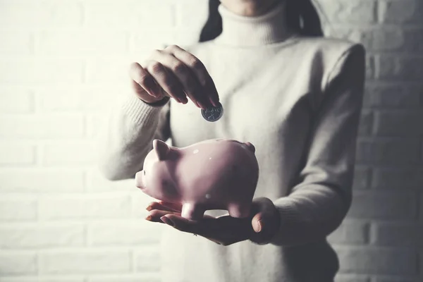Woman hand piggy bank in brick wall background