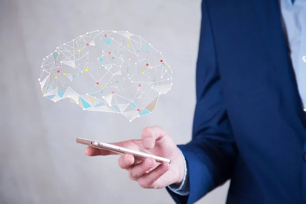 Hombre Mano Teléfono Con Cerebro Pantalla —  Fotos de Stock