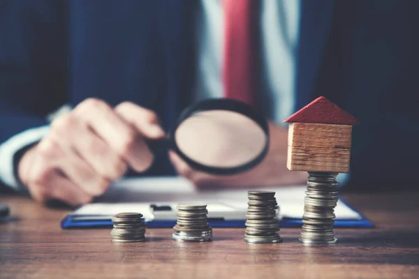 Businessman Hand Magnifier Document Coins House Model — Stock Photo, Image