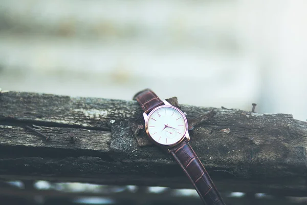 Uomo Orologio Elegante Legno Albero — Foto Stock