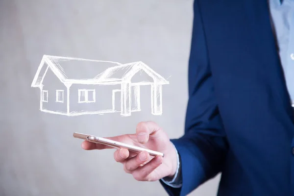 Hombre Mano Teléfono Casa Pantalla —  Fotos de Stock