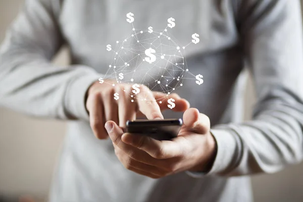 Mann Reicht Smartphone Und Dollar Konzept Auf Bildschirm — Stockfoto