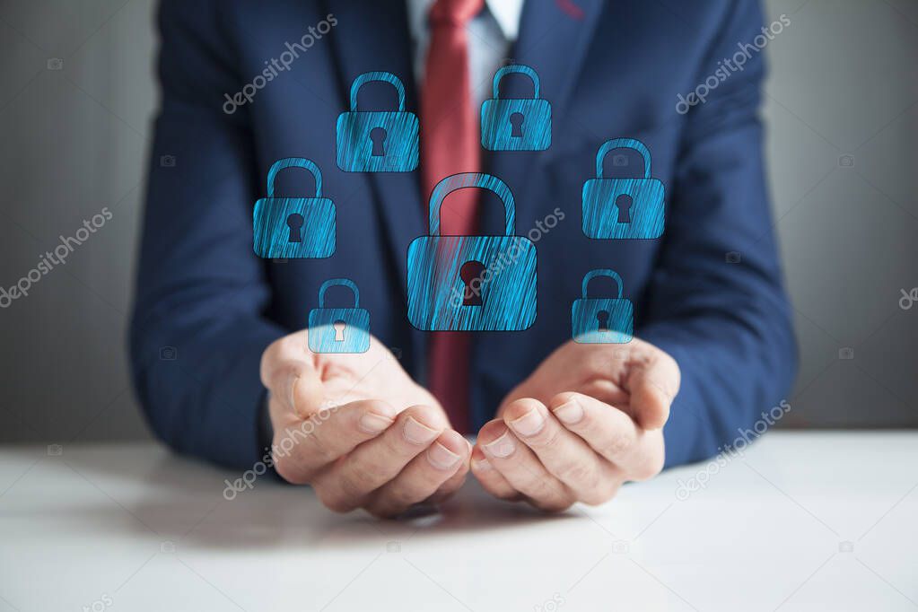 man hand lock in screen on table background