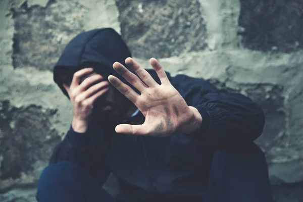 Trauriger Demütiger Mann Hand Stop Oder Kein Zeichen — Stockfoto