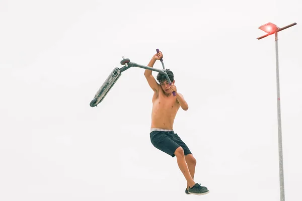 Skater Boy Practicing Skate Park Skater Boy Jumping Kick Scooter — Stock Photo, Image