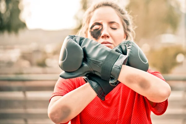 Female Activist Boxing Gloves Demonstrating Violence Women Woman Protesting Domestic — Stock Photo, Image