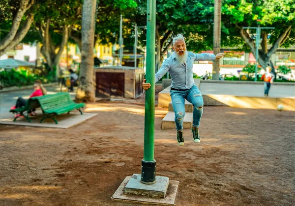 Smiling Senior Man Relaxing Park Mature Male Having Fun Jumps — Stock Photo, Image