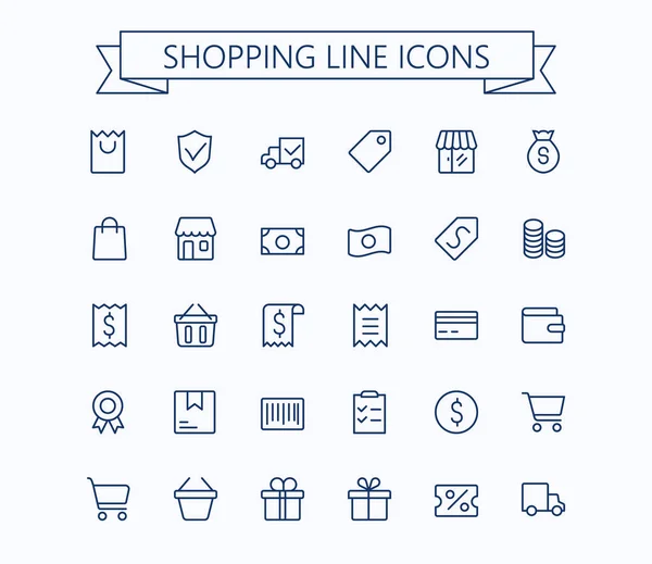 Shopping e E-commerce vettoriale mini icone set. Linea sottile contorno 24x24 Griglia. Pixel Perfetto — Vettoriale Stock
