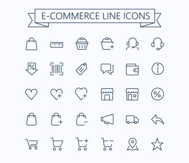 Alışveriş, e-ticaret, online mağaza, e-ticaret vektör ince çizgi mini ikonlar ayarlayın. 24 x 24 ızgara. Piksel Perfect.Editable inme.