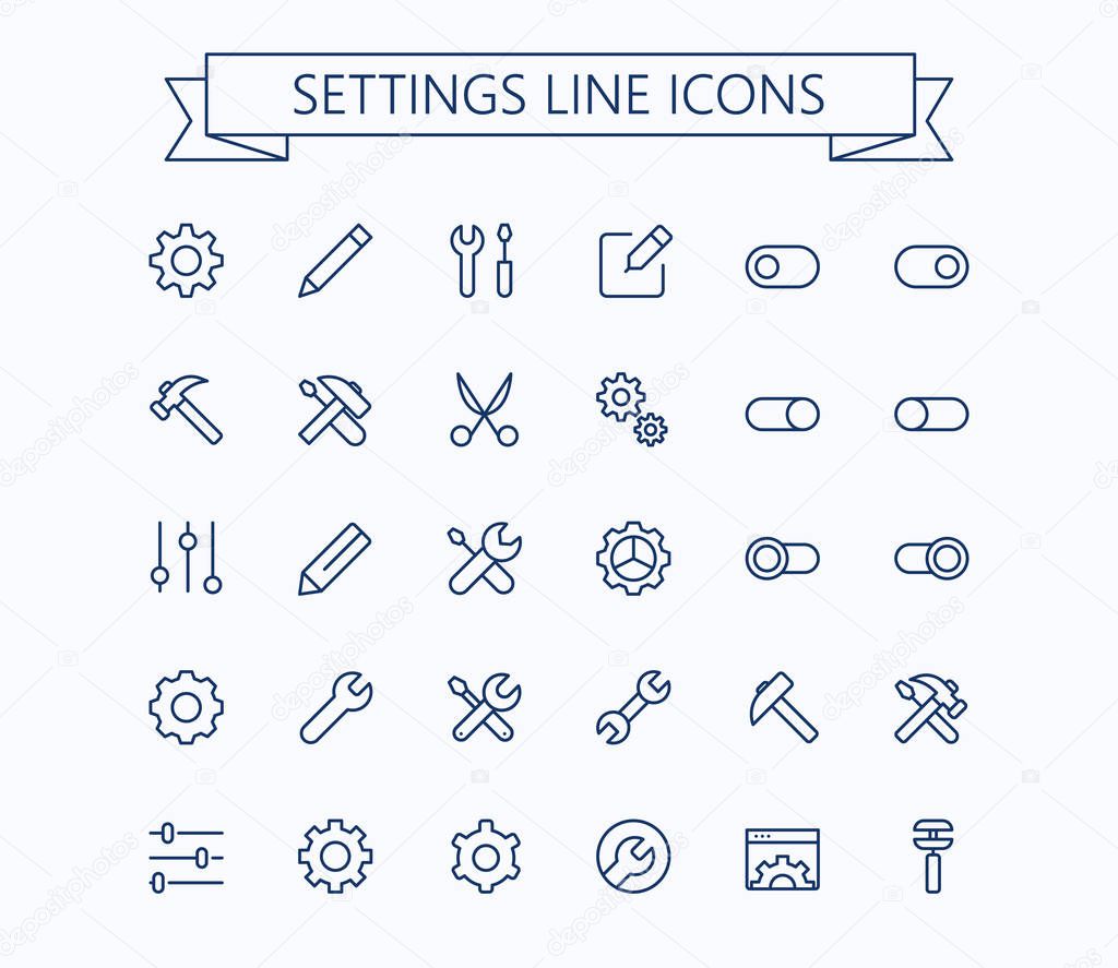 Setting thin line mini icons set. 24x24 Grid. Pixel Perfect.Editable stroke.