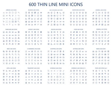 600 vektör ince çizgi mini ikonlar ayarlayın. İnce çizgi basit anahat simgeleri, 24x24px kılavuz. Piksel mükemmel. Düzenlenebilir kontur.
