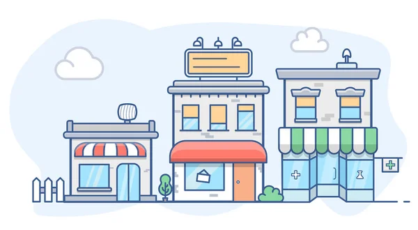 Cityscape apartmanlar, dükkanlar ile. Düz çizgi vektör çizim.