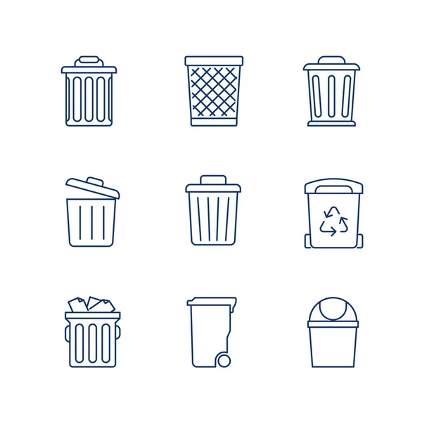 Waste Basket Trash Can Recycle Bin Line Icon Vector Set — Stock Vector