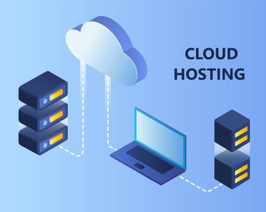 Bulut depolama veri. Ağ izometrik 3d barındırma bulut vektör çizim.