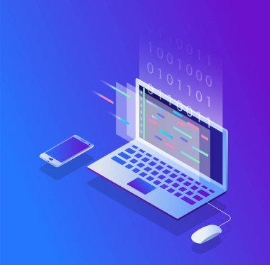 Programming and coding, Website development, Gradient isometric vector illustration clipart svg vector 