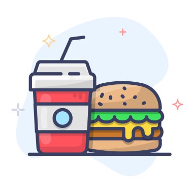 Burger vektör simgesi. Fast Food vektör satırı simgesi. Plastik Soda içki Kupası anahat illüstrasyon.