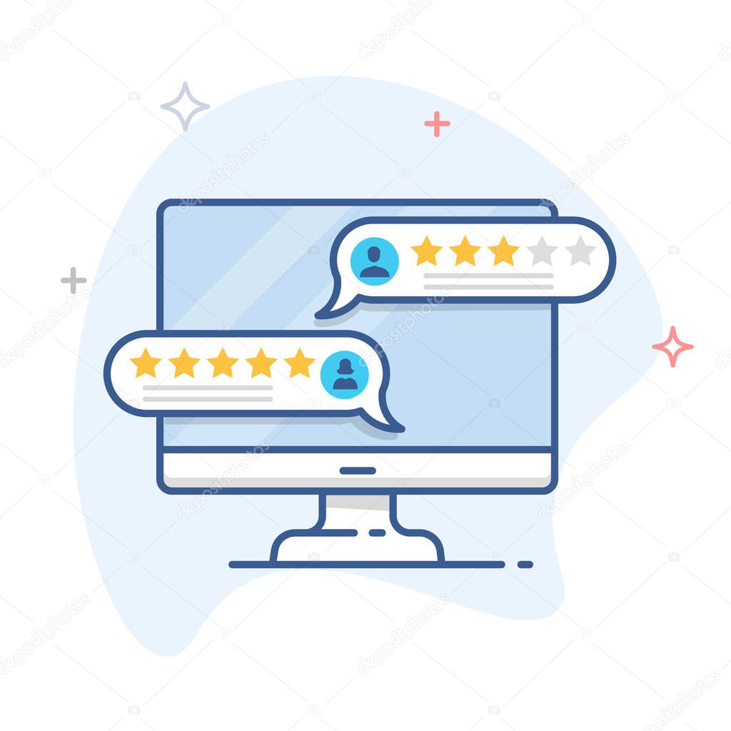 Review ,feedback, rating bubble speech on computer display vector line illustration