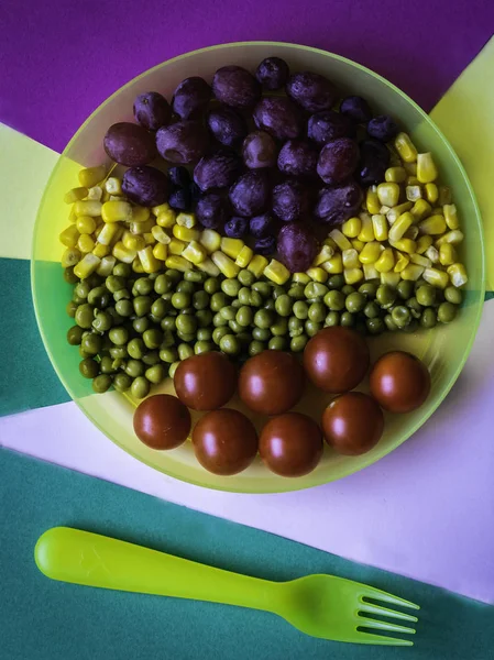 Colorful food plate on colorful background
