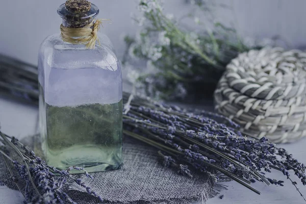 Homemade lavender flower oil. Aromatic massage oil