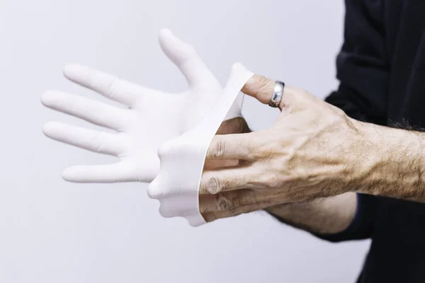 Person Taking Latex Glove Correctly Get Infected Conceptual Hygiene Fight — Stock Photo, Image