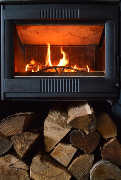 Fireplace Wood Stove Living Room Action Heating Firewood — Stock Photo, Image