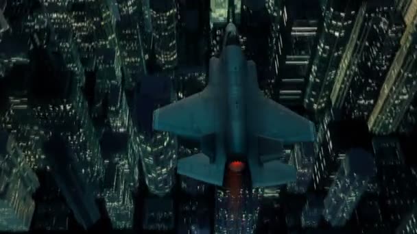 Jet Fighter Por Encima Ciudad Noche — Vídeos de Stock