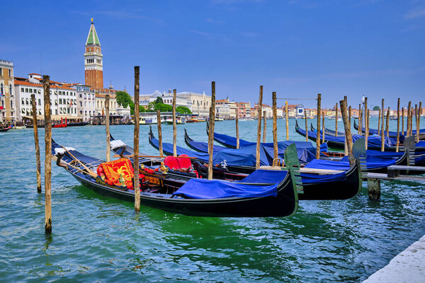 Some blue gondolas in the grand canal in venice, with Piazza San Marcos in the background