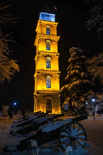 Часовая Башня Бурса Историческом Тофане Ночью Пушками Стоковое Фото