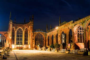 Night photo of Coventry Cathedral which was been bombed by Germans in Second World War.