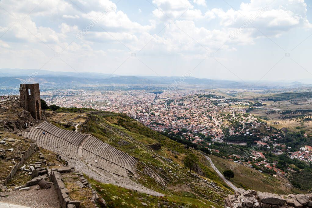 Pergamum ancient theatre with Bergama City in Turkey