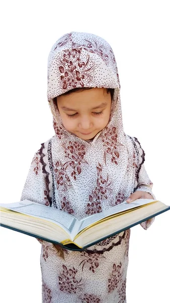 Portrait Little Girl Reading Holy Quran Isolated White Background — Stock Photo, Image