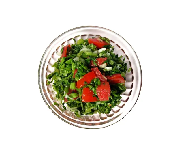 Nutritious watercress salad with tomato on white background. vegan food — 스톡 사진