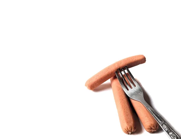 Turkey Sausages Fork White Background Healthy Food Concept — Stock Photo, Image