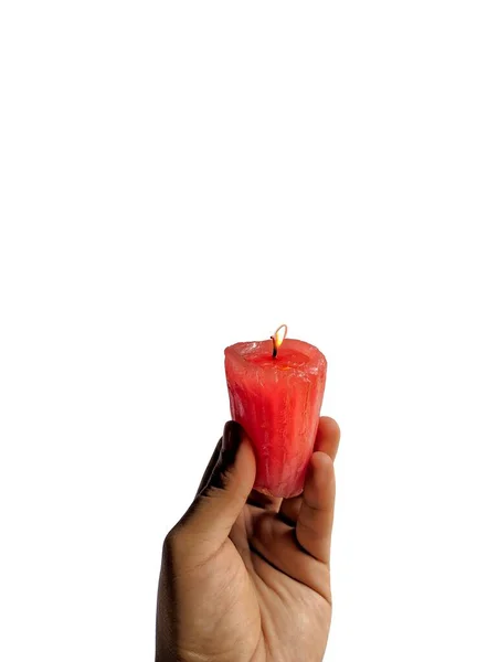 Hand Met Een Rode Kaars Een Witte Achtergrond Romantisch Concept — Stockfoto