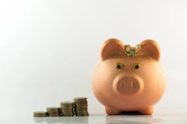 Bronz kumbara ve sikkeler beyaz arka plan görünümünde izole