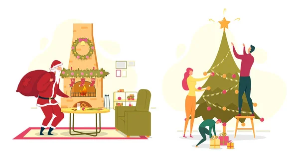 Nouvel An de Noël avec le Père Noël et la famille heureuse — Image vectorielle