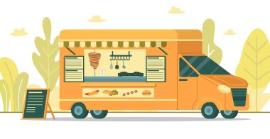 Menü Kurulu ile Fast Food Minibüsü, Vektör Bayrağı.