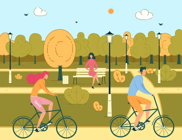 Hombre y mujer paseo en pareja bicicletas en el parque público — Archivo Imágenes Vectoriales