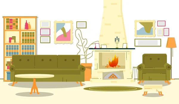 Bannière plate Belle intérieur de pièce avec cheminée — Image vectorielle